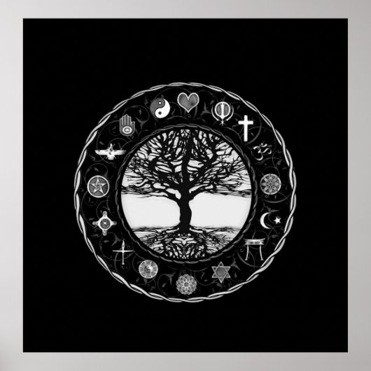 Wereld Religies Zwarte en Witte Boom Poster (Voorkant)