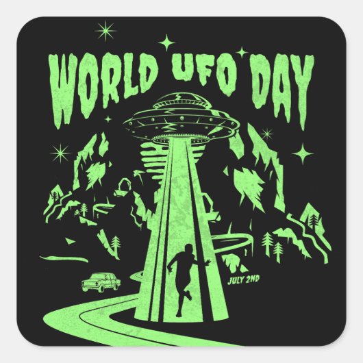 Wereld UFO Dag, vliegende schotel Vierkante Sticker (Voorkant)