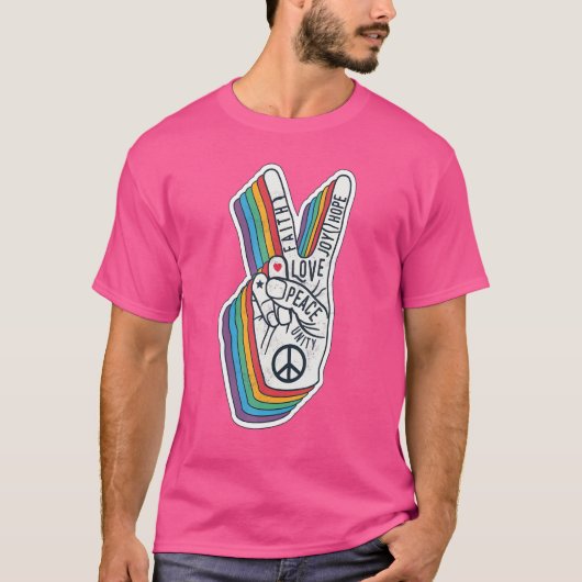 Wereld Vrede Liefde Handteken Unity Retro 60s T-shirt (Voorkant)