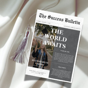 Wereld wacht op succes Afstuderen krantenfoto Kaart