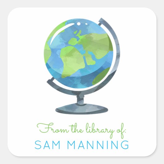 Wereldbol Bibliotheek Boekplaat Vierkante Sticker (Voorkant)