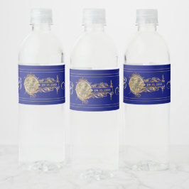 Wereldbol Blauw Goud Monogrammed Bruiloft Waterfles Etiket