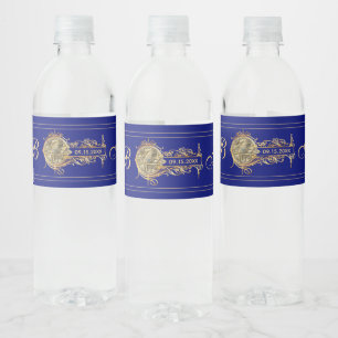 Wereldbol Blauw Goud Monogrammed Bruiloft Waterfles Etiket