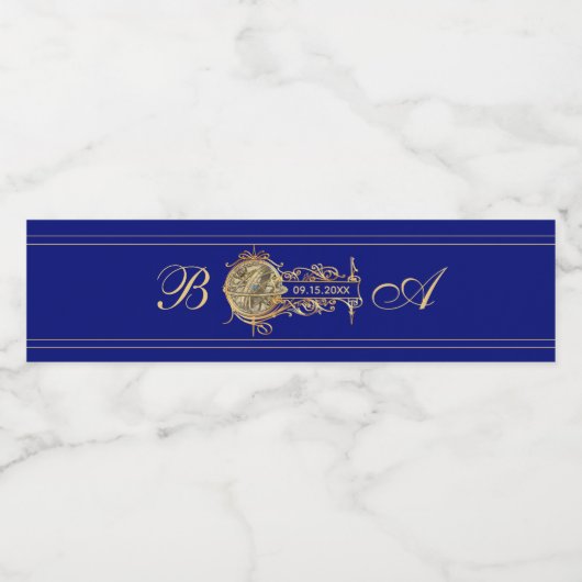  Wereldbol Blauw Goud Monogrammed Bruiloft Waterfles Etiket (Enkel label)