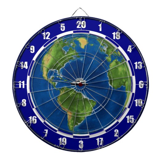 Wereldbol en schip op blauw dartbord (Voorkant)