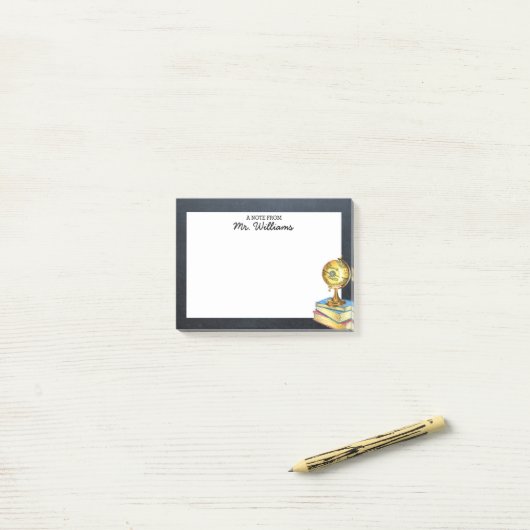 Wereldbol en schoolbord gepersonaliseerde leraar post-it® notes (Op bureau)