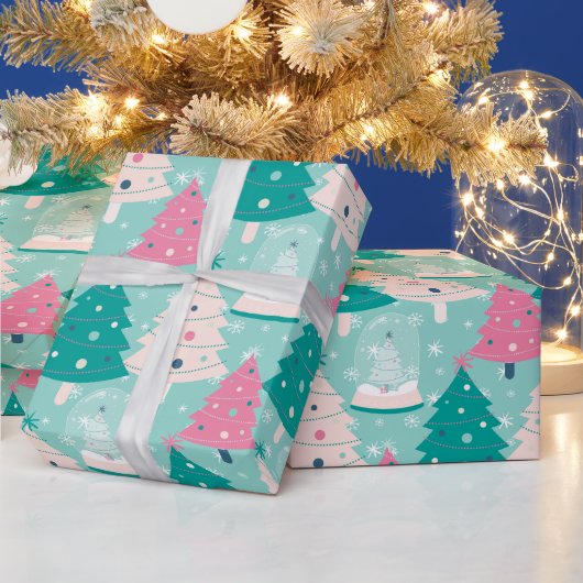 Wereldbol met roze en groene kerstsneeuw cadeaupapier (Feestdagen)