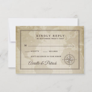 Wereldbol nautisch kompas bruiloft RSVP Kaarten Kaartje