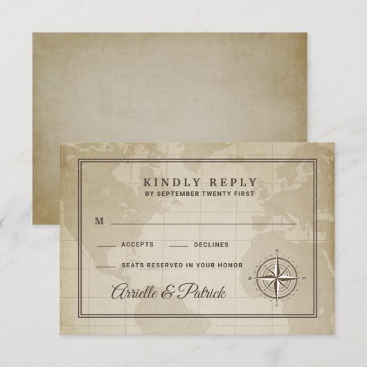  Wereldbol nautisch kompas bruiloft RSVP Kaarten Kaartje (Voorkant / Achterkant)