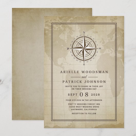 Wereldbol nautisch kompas bruiloft uitnodigingen (Voorkant / Achterkant)
