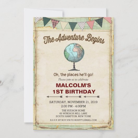  Wereldbol Reizen 1e Verjaardagsuitnodiging Kaart (Voorkant)