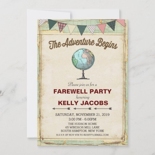 Wereldbol Reizen Afscheidsfeestuitnodiging Kaart (Voorkant)
