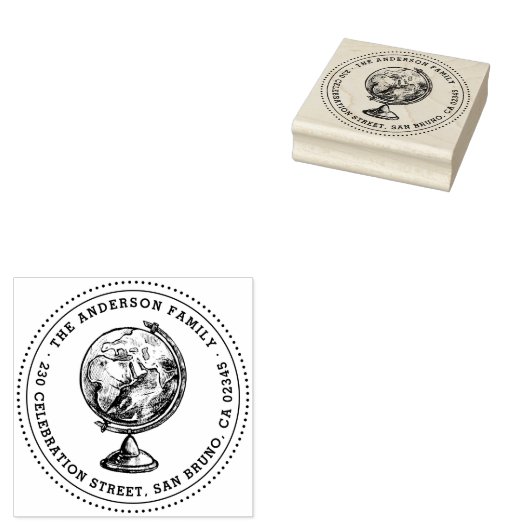  Wereldbol Ronde familienaam & retouradres Rubberstempel (Gestempeld)