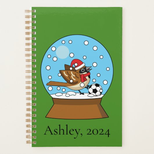 Wereldbol w Schattige Sparrow Spelen Voetbal | per Planner (Voorkant)