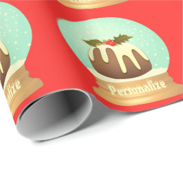 Wereldbol wintertaart rode groene pruimelsneeuw cadeaupapier