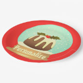 Wereldbol wintertaart rode groene pruimelsneeuw papieren bordje (Gekanteld)