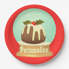 Wereldbol wintertaart rode groene pruimelsneeuw papieren bordje