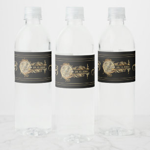  Wereldbol Zwart Goud Monogrammed Bruiloft Waterfles Etiket