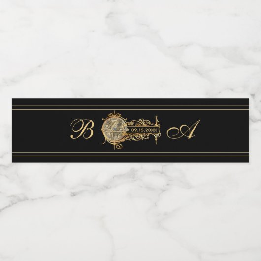  Wereldbol Zwart Goud Monogrammed Bruiloft Waterfles Etiket (Enkel label)