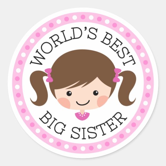 Werelden beste grote zus cartoon meisje bruin haar ronde sticker (Voorkant)