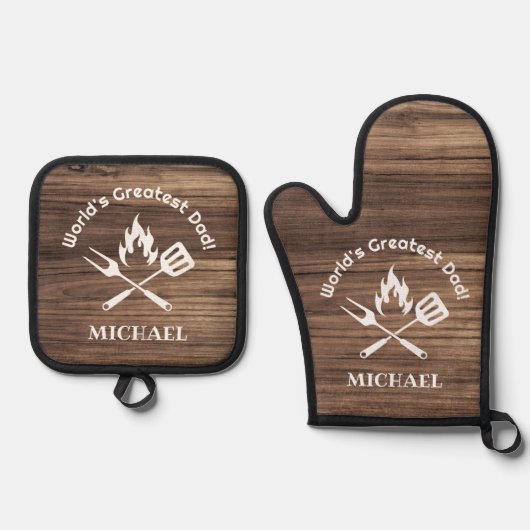 Werelden grootste vader, gepersonaliseerde rustiek ovenwant & pannenlap set (Voorkant)