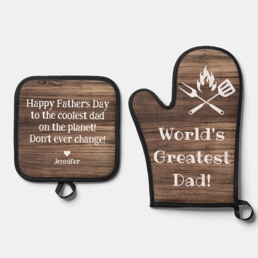 Werelden grootste vader, rustiek hout stijlvol ovenwant & pannenlap set (Voorkant)