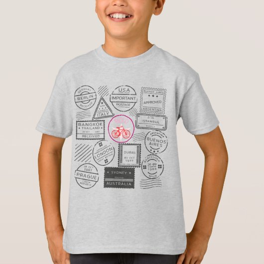 Wereldfiets, retro stempels t-shirt (Voorkant)