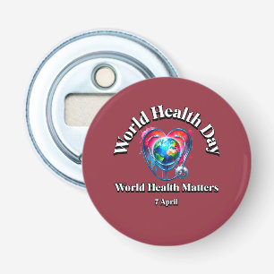 Wereldgezondheidskwesties. Wereldgezondheidsdag. Button Flesopener