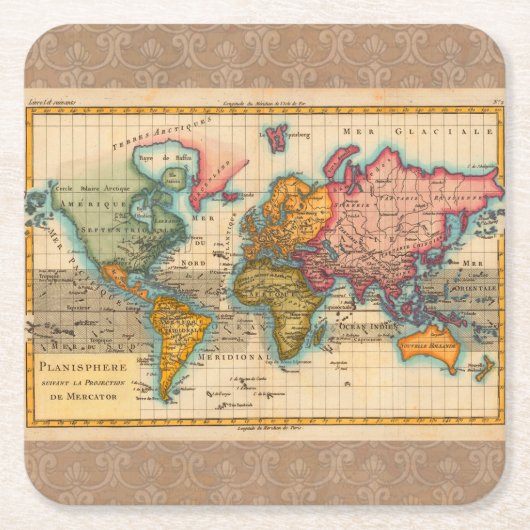 Wereldkaart 1700s Antiek continenten Kartonnen Onderzetters (Voorkant)