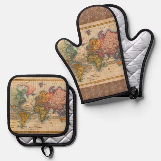 Wereldkaart 1700s Antiek continenten Ovenwant & Pannenlap Set (Voorkant / Achterkant)