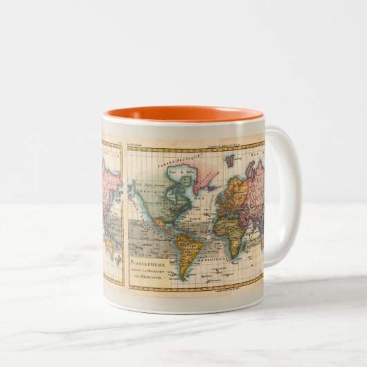 Wereldkaart 1700s Antiek continenten Tweekleurige Koffiemok (Voorkant rechts)