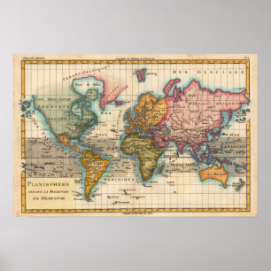 Wereldkaart 1700s Antiek  Poster