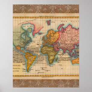 Wereldkaart 1780 Bonne Antique Planisfeer Poster
