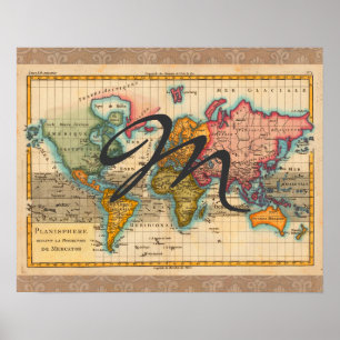 Wereldkaart 1780 Bonne Antique Planisfeer Poster