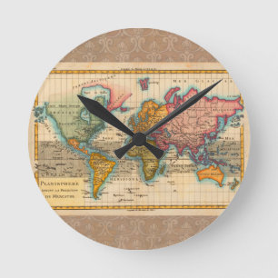 Wereldkaart 1780 Bonne Antique Planisfeer Ronde Klok