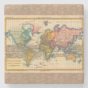 Wereldkaart 1780 Bonne Antique Planisfeer Stenen Onderzetter
