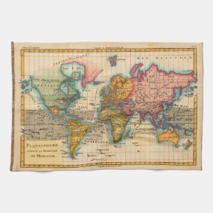 Wereldkaart 1780 Bonne Antique Planisfeer  Theedoek