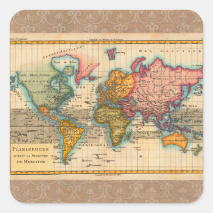 Wereldkaart 1780 Bonne Antique Planisfeer Vierkante Sticker