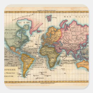 Wereldkaart 1780 Bonne Antique Planisfeer Vierkante Sticker