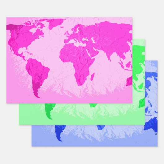 Wereldkaart Abstract Reiziger Roze Groen Blauw Inpakpapier Vel (Set)