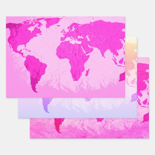 Wereldkaart Abstracte reiziger Roze Paars Ombre Inpakpapier Vel (Set)