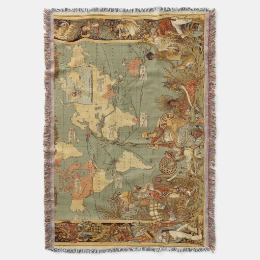 Wereldkaart Antiek 1886 geïllustreerd Deken (Voorkant Verticaal)