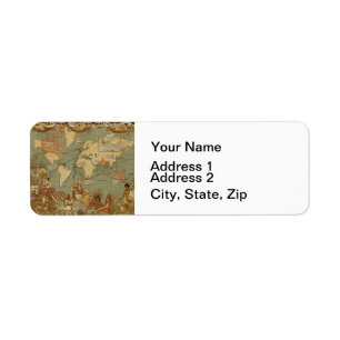 Wereldkaart Antiek 1886 geïllustreerd Etiket