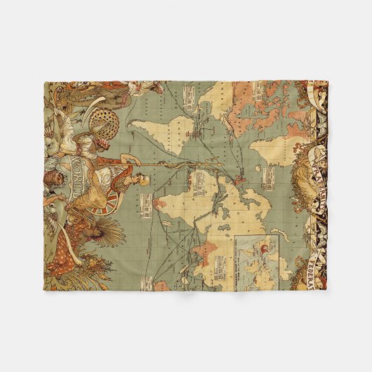 Wereldkaart Antiek 1886 geïllustreerd Fleece Deken (Voorkant (Horizontaal))