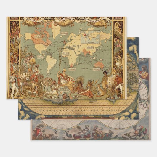 Wereldkaart Antiek 1886 geïllustreerd Inpakpapier Vel (Set)