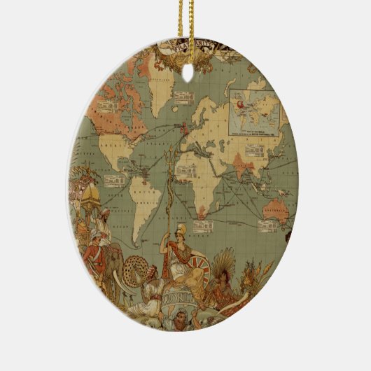 Wereldkaart Antiek 1886 geïllustreerd Keramisch Ornament (Rechts)