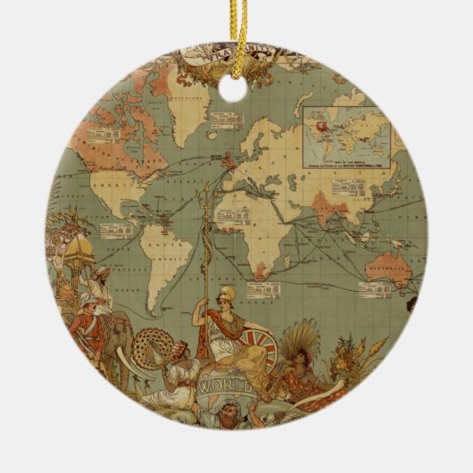 Wereldkaart Antiek 1886 geïllustreerd Keramisch Ornament (Voorkant)