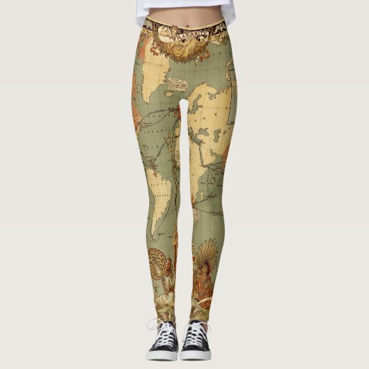 Wereldkaart Antiek 1886 geïllustreerd Leggings (Voorkant)
