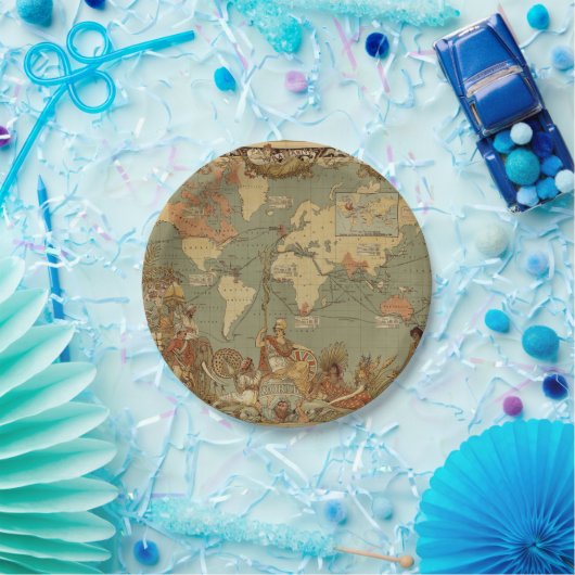 Wereldkaart Antiek 1886 geïllustreerd Papieren Bordje (Feest)