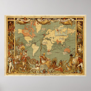 Wereldkaart Antiek 1886 Geïllustreerd Poster